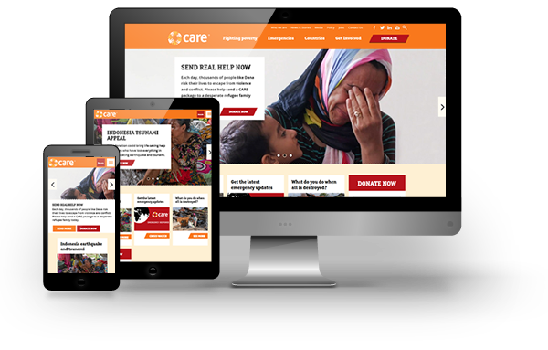 CARE International website homepage as seen on various devices