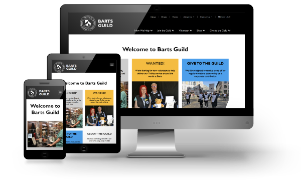 Screenshots of the Barts Guild website homepage shown on mobile, tablet and desktop devices
