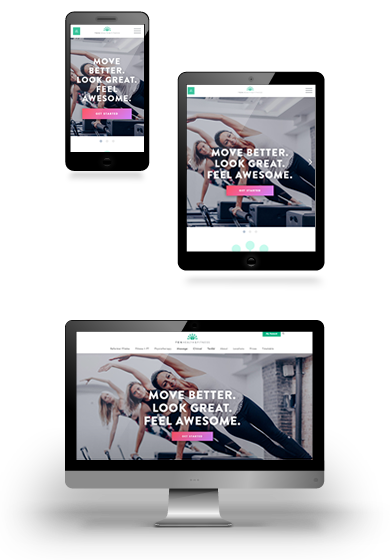 Screenshots of the Ten Health & Fitness website homepage shown on mobile, tablet and desktop devices