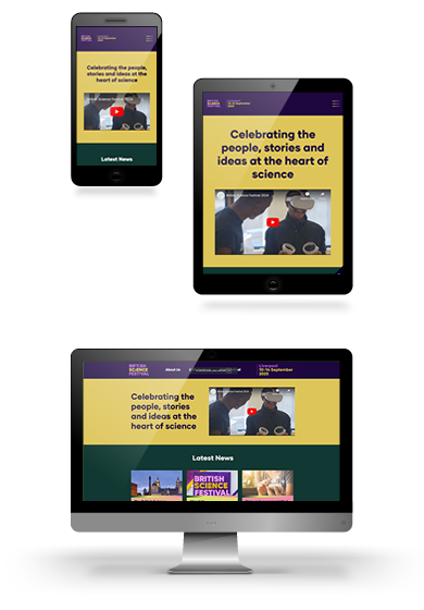 Screenshots of the British Science Festival website homepage shown on mobile, tablet and desktop devices