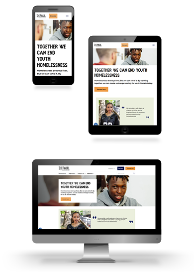 Screenshots of the UK Depaul Charity website homepage shown on mobile, tablet and desktop devices