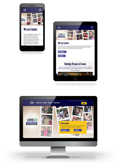 Screenshots of the Lumos Foundation website homepage shown on mobile, tablet and desktop devices