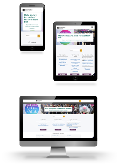 Screenshots of the Mole Valley District Council website homepage shown on mobile, tablet and desktop devices